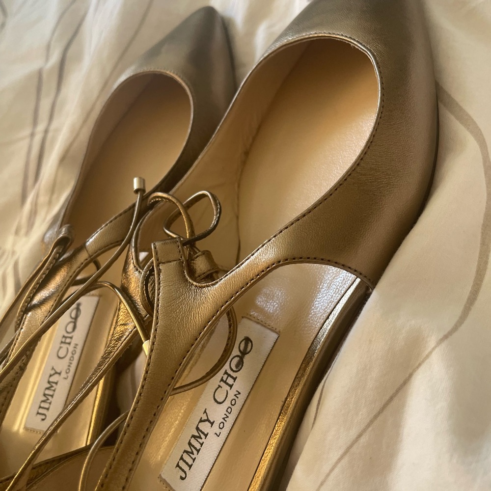 Jimmy Choo Chrome Pewter Metallic Copper Pointed Toe Flat Shoes Size 38 NWOT.